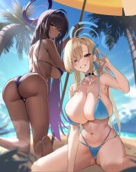 2girls absurdly_long_hair absurdres ahoge ass asuna_(blue_archive) beach beach_umbrella bikini black_bikini black_choker black_hair blonde_hair blue_archive blue_bikini blue_eyes blue_halo blue_sky blurry blurry_background breasts choker cleavage cloud dark-skinned_female dark_skin day grin hair_ribbon halo highres huge_breasts karin_(blue_archive) long_hair looking_at_viewer mole mole_on_breast multi-strapped_bikini_bottom multiple_girls navel ocean ojisan_kamo_shiremasen outdoors palm_tree purple_halo ribbon sideboob sky smile stomach sunlight swimsuit tree umbrella very_long_hair yellow_eyes