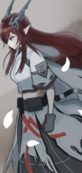aqua_eyes arknights bakishi_(bakishi) belt_bag cowboy_shot from_side gloves hair_intakes highres hood horns long_hair midriff nine_(arknights) pointy_ears red_hair tail