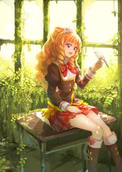10s 1girl :d aikatsu! aikatsu!_(series) bird bird_on_hand boots bow bowtie broken_glass desk drill_hair female_focus flower glass hair_flower hair_ornament hand_on_lap highres himesato_maria indoors juliet_sleeves knee_boots knees_together_feet_apart koruse long_hair long_sleeves no_socks open_mouth orange_hair overgrown plant puffy_sleeves purple_eyes red_bow red_bowtie red_skirt ruins school_desk sitting skirt smile solo sunlight tree_shade twin_drills vines