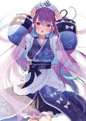1girl absurdres anchor_print anchor_symbol apron arms_up blue_kimono blush colored_inner_hair frilled_apron frilled_kimono frills highres hololive japanese_clothes kimono kimono_dress long_hair long_sleeves looking_at_viewer maid_headdress minato_aqua minato_aqua_(new_year) multicolored_hair obi official_alternate_costume open_mouth purple_eyes purple_hair sash shokorate solo two-tone_hair virtual_youtuber white_background