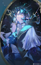 1boy arknights blue_background blue_hair blue_jacket chinese_commentary commentary_request hand_up head_tilt highres imahana017 jacket jewelry looking_at_viewer looking_up lumen_(arknights) male_focus mirror parted_bangs parted_lips pointy_ears ring shirt solo upper_body watermark weibo_watermark white_shirt