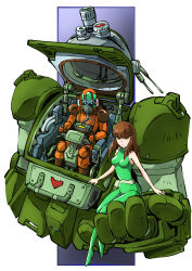 1boy 1girl armored_trooper bodysuit breasts brown_hair chirico_cuvie fiana green_bodysuit helmet highres in_palm mecha medium_breasts open_hatch orange_eyes pilot_suit radio_antenna robot science_fiction scopedog sitting skin_tight soukou_kihei_votoms taiga_hiroyuki