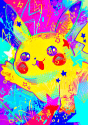 :3 absurdres animal_focus arm_up colorful commentary_request gen_1_pokemon highres lightning_bolt_symbol nintendo no_humans open_mouth otonoha_aika pikachu pokemon pokemon_(creature) pokemon_focus smile solo star_(symbol)