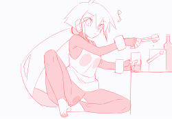 Rule 34 | aile (mega man zx), bodysuit, bodysuit under clothes, cup, full body, greyscale, holding, holding cup, kaidou zx, long hair, mega man (series), mega man zx, mega man zx advent, missing commentary, monochrome, musical note, ponytail, red theme, robot ears, simple background, tank top, white background