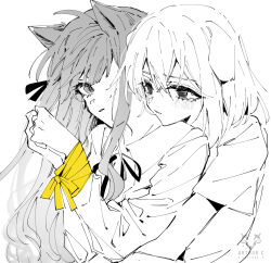 2girls animal_ears arthur_c bang_dream! bang_dream!_it&#039;s_mygo!!!!! blush bound bound_wrists cat_ears cat_girl chinese_commentary commentary_request dog_ears dog_girl greyscale highres hug hug_from_behind kemonomimi_mode long_hair long_sleeves medium_hair misumi_uika monochrome multiple_girls neck_ribbon open_mouth ribbon short_sleeves sidelocks spot_color sweatdrop togawa_sakiko yuri