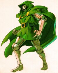 1boy armor armored_boots belt bengus boots capcom cape clenched_hand doctor_doom game_cg green_cape green_hood helmet highres hood hooded_cape male_focus marvel marvel_vs._capcom marvel_vs._capcom_2 mask non-web_source power_armor scan solo x-men