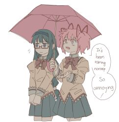 2girls akemi_homura black_hair black_hairband black_skirt blush bow bowtie brown_shirt english_text ezier hairband highres holding holding_umbrella juliet_sleeves kaname_madoka long_hair long_sleeves mahou_shoujo_madoka_magica mahou_shoujo_madoka_magica_(anime) mitakihara_school_uniform multiple_girls open_mouth pink_eyes pink_hair pink_umbrella pleated_skirt puffy_sleeves purple_eyes red-framed_eyewear red_bow red_bowtie school_uniform semi-rimless_eyewear shirt short_twintails simple_background skirt speech_bubble twintails umbrella under-rim_eyewear white_background