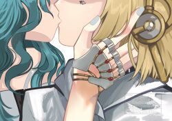 2girls absurdres artist_name blonde_hair close-up from_side grey_nails hand_focus hand_on_another&#039;s_head hand_up head_out_of_frame highres hissabeth kiss long_hair mark_under_eye multiple_girls pointer_(reverse:1999) profile ratanan reverse:1999 robot_ears short_hair watermark white_background yuri