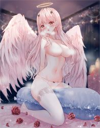 1girl :o angel angel_wings arms_behind_back bad_id bad_pixiv_id blush bow bow_panties breasts collarbone commentary_request crescent cross crotch_rub feathered_wings female_masturbation flower frills halo heavy_breathing highres large_breasts long_hair masturbation navel no_shoes open_mouth original panties petals pillow_humping pink_hair red_flower red_rose rose rose_petals solo star_(symbol) tandohark teeth thighhighs topless_female underwear underwear_only upper_teeth_only very_long_hair white_panties white_thighhighs white_wings wings