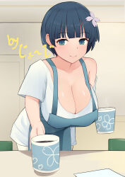 1girl absurdres apron artist_name bare_shoulders blue_eyes blue_hair blush breasts cleavage closed_mouth coffee coffee_mug collarbone cup flower george_(pixiv7099078) hair_flower hair_ornament highres holding holding_cup indoors large_breasts looking_at_viewer mug senran_kagura senran_kagura_estival_versus senran_kagura_shinovi_versus shirt short_hair signature smile solo strap_slip t-shirt yozakura_(senran_kagura)