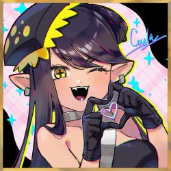 Rule 34 | 1girl, absurdres, black gloves, callie (splatoon), commentary request, coula cat, food, food on head, gloves, gold border, heart, heart hands, heart in heart hands, highres, looking at viewer, mole, mole under eye, nintendo, object on head, one eye closed, pink background, plaid background, pointy ears, smile, solo, sparkle, splatoon (series), teeth, watermark, yellow eyes