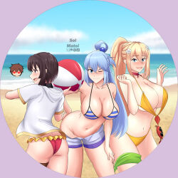 1boy 3girls aqua_(konosuba) artist_name ass beach bikini blonde_hair blue_eyes blue_hair blush breasts brown_eyes brown_hair cleavage darkness_(konosuba) hand_on_own_hip hand_on_own_leg hand_on_own_thigh hand_to_own_mouth heart heart-shaped_pupils highres kono_subarashii_sekai_ni_shukufuku_wo! large_breasts leaning_forward long_hair looking_at_viewer megumin multiple_girls navel ocean one_eye_closed pulling_another&#039;s_clothes red_bikini short_hair shorts smile sol_matoi striped_bikini striped_clothes swimsuit symbol-shaped_pupils unbuttoned unworn_bikini_bottom unzipped water yellow_bikini