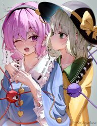 Rule 34 | 2girls, ;o, absurdres, arm on another&#039;s shoulder, black hairband, blowing in ear, blue shirt, blush, bow, breasts, buttons, commentary request, eyeball, frilled shirt collar, frills, green eyes, green hair, grey background, hair between eyes, hair ornament, hairband, hand up, hat, hat bow, heart, heart button, heart hair ornament, highres, komeiji koishi, komeiji satori, long sleeves, looking at another, medium breasts, medium hair, multiple girls, one eye closed, open mouth, profile, purple eyes, purple hair, shirt, siblings, simple background, sisters, soo kazahana, speech bubble, teeth, third eye, tongue, touhou, translation request, upper body, upper teeth only, wide sleeves, yellow bow, yellow shirt
