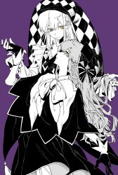 Rule 34 | 2girls, :|, artist request, bang dream!, bang dream! it&#039;s mygo!!!!!, bow, bowtie, brooch, capelet, checkered hat, chinese commentary, closed mouth, collar, commentary request, commission, dress, fingernails, frilled collar, frilled sleeves, frills, front-to-back, gloves, greyscale with colored background, hachibousei dance (bang dream!), hair between eyes, hair bow, hand grab, hand up, hat, high contrast, highres, holding another&#039;s hair, jester cap, jewelry, long hair, long sleeves, looking at another, looking down, looking up, multiple girls, purple background, second-party source, simple background, spot color, striped bow, tassel, togawa sakiko, wakaba mutsumi, yellow eyes