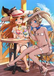 2girls bikini blonde_hair blue_eyes blue_neckerchief blush chair cup dark-skinned_female dark_skin drinking eyepatch_bikini flat_chest flower granblue_fantasy green_eyes hat highres io_(granblue_fantasy) loli long_hair multiple_girls navel neckerchief ocean oni_b orange_hair sandals sara_(granblue_fantasy) sitting swimsuit table thigh_strap twintails yellow_neckerchief