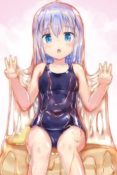 1girl arms_up blue_eyes blue_hair blue_one-piece_swimsuit blush butter chestnut_mouth collarbone commentary_request female_focus food food_on_body food_on_face food_on_head gochuumon_wa_usagi_desu_ka? hair_between_eyes hair_ornament hairclip highres honey in_food kafuu_chino long_hair looking_at_viewer mini_person minigirl naka_(cheeseyeast) navel object_on_head one-piece_swimsuit open_mouth pancake simple_background sitting sitting_on_food solo swimsuit thighs wet white_background