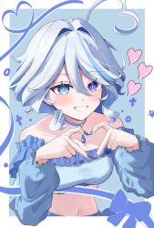 1girl alternate_costume blue_background blue_eyes blue_nails blush border breasts clenched_teeth commentary_request cropped_shirt drop-shaped_pupils finger_heart furina_(genshin_impact) genshin_impact heart highres looking_at_viewer medium_breasts midriff navel off-shoulder_shirt off_shoulder shirt short_hair smile solo stomach symbol-shaped_pupils teeth upper_body wavy_hair white_border yukineco_0928