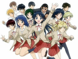 00s 6+boys 6+girls black_hair blonde_hair breasts gakuran glasses hanai_haruki happy harima_kenji ichijou_karen imadori_kyousuke karasuma_ooji large_breasts long_hair looking_at_viewer miniskirt multiple_boys multiple_girls opaque_glasses open_mouth pantyhose running sarah_adiemus sawachika_eri school_rumble school_uniform short_hair simple_background skirt small_breasts smile sunglasses suou_mikoto_(school_rumble) takano_akira tsukamoto_tenma tsukamoto_yakumo twintails white_background