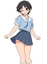 Rule 34 | 1girl, 64vii, absurdres, azumanga daioh&#039;s school uniform, azumanga daiou, black hair, blue ribbon, blue shirt, blue skirt, blush, breasts, chihiro (azumanga daioh), clenched hands, grin, highres, one eye closed, pleated skirt, ribbon, sailor collar, school uniform, shadow, shirt, skirt, smile, socks, thighs, white background, white sailor collar, white socks