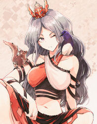 1girl animal animal_on_shoulder bare_shoulders bird bird_on_shoulder chirizuka_ubame closed_mouth collarbone commentary_request cowboy_shot criss-cross_halter crop_top cropped_shirt frilled_shirt frills grey_background grey_hair halterneck headpiece highres hisona_(suaritesumi) long_hair midriff multicolored_shirt navel one_eye_closed parted_bangs purple_eyes shirt sitting solo split_mouth squirrel strap touhou