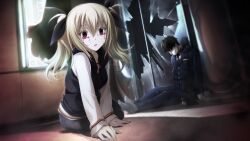 1boy 1girl arimura_hinae black_hair black_jacket black_necktie black_ribbon bleeding blonde_hair blood blood_drip blood_in_hair blood_on_chest blood_on_clothes blood_on_face bloody_tears bow broken_glass chaos;child collarbone corpse game_cg glass hair_between_eyes hair_bow hair_ribbon hands_on_floor highres hood indoors injury jacket long_hair long_sleeves looking_at_viewer multiple_hair_bows necktie non-web_source official_art open_mouth parted_lips police red_eyes ribbon sasaki_mutsumi shirt short_hair socks twintails white_sleeves white_socks zipper zipper_pull_tab