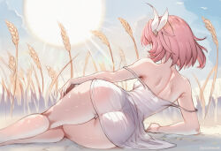 Rule 34 | 1girl, ass, back, bare shoulders, breasts, commentary request, covered erect nipples, cyrene (honkai: star rail), day, double strap slip, dress, hair ornament, highres, honkai: star rail, honkai (series), lying, on side, outdoors, panties, pink hair, short hair, shoulder blades, small breasts, solo, sun, thighs, underwear, wheat field, white dress, white panties, winged hair ornament, yuibread