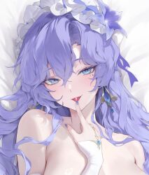 Rule 34 | 1girl, blue eyes, cantarella (wuthering waves), cropped, earrings, facial mark, finger to tongue, fingernails, flower, hair between eyes, hair flower, hair ornament, haku89, headdress, highres, implied nudity, jewelry, long hair, looking at viewer, mark under eye, nail polish, purple flower, purple hair, purple nails, solo, tacet mark (wuthering waves), tongue, tongue out, wuthering waves