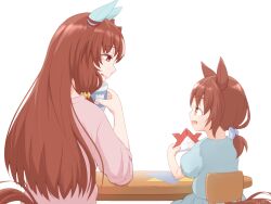2girls animal_ears barefoot bow brown_hair buttons commentary hair_between_eyes hair_bow highres horse_ears horse_girl horse_tail long_hair mitsuno mother_and_child mother_and_daughter multicolored_hair multiple_girls open_mouth pointing ponytail red_eyes side_ponytail simple_background sitting smile still_in_love_(umamusume) streaked_hair tail teeth umamusume white_background white_hair
