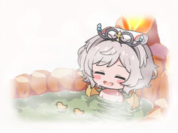 1girl bathing blush_stickers chibi chibi_only closed_eyes commentary_request completely_nude facing_viewer grey_hair hair_flaps niwa_so_ji nude onsen parted_bangs princess_connect! resplendent_phoenix_(shadowverse) short_hair solo yellow_wings