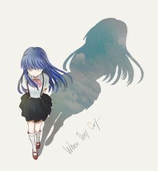 Rule 34 | 1girl, arms behind back, black skirt, blue hair, blunt bangs, bow, bowtie, closed eyes, closed mouth, copyright name, foreshortening, from above, furude rika, higurashi no naku koro ni, hime cut, kneehighs, long hair, mary janes, no nose, pink bow, pink bowtie, red shoes, shadow, shirt, shoes, simple background, skirt, sky, smile, socks, solo, sonola69, suspender skirt, suspenders, white background, white shirt, white socks