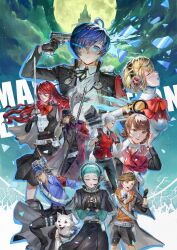 4girls 5boys absurdres aigis_(persona) aiming amada_ken android aragaki_shinjirou baseball_cap beanie black_jacket black_pants black_shorts black_skirt blonde_hair blue_eyes blue_hair blue_shirt brown_hair cape capelet character_request check_character closed_eyes coat collared_shirt commentary dog dress dress_shirt english_commentary fingerless_gloves gloves green_hair grin gun hair_over_one_eye handgun hat headset highres holding holding_gun holding_sword holding_weapon holster holstered hood hoodie iori_junpei jacket joints kirijou_mitsuru long_hair looking_at_viewer microphone moon multiple_boys multiple_girls open_mouth orange_hoodie pants persona persona_3 pleated_skirt polearm red_coat red_hair red_ribbon red_vest ribbon robot_joints sanada_akihiko shirt short_hair shorts shoulder_holster skirt smile spear strap sword takeba_yukari tim_kong trench_coat vest weapon white_hair white_shirt yamagishi_fuuka yuuki_makoto_(persona_3)