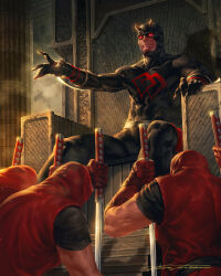 5boys biceps black_bodysuit black_horns black_shirt bodysuit closed_mouth commentary daredevil elbow_gloves english_commentary fake_horns gloves hand_up highres holding holding_sword holding_weapon hood hood_up horns jacket junggeun_yoon katana kneeling marvel multiple_boys muscular muscular_male pillar red_eyes red_gloves red_jacket shirt sitting sleeveless sleeveless_jacket superhero_costume sword throne weapon