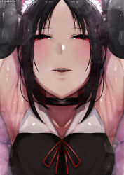 Rule 34 | 1girl, absurdres, armpits, arms up, black hair, collarbone, half-closed eyes, highres, kaguya-sama wa kokurasetai ~tensai-tachi no renai zunousen~, neck ribbon, parted bangs, red eyes, red ribbon, ribbon, shinomiya kaguya, shiny skin, teeth, tomodachi (tomofanart)