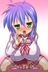 blue_hair breasts covered_erect_nipples dress earrings fellatio_gesture green_eyes izumi_konata jewelry large_breasts lucky_star miniskirt oppai_loli otoo_(izanagi) piercing sailor_collar sailor_dress school_uniform skirt tagme to-gnaniwa tongue tongue_out tongue_piercing