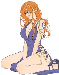 1girl arms_between_legs bare_legs bare_shoulders beads blue_dress breasts brown_eyes cleavage closed_mouth cross-laced_clothes cross-laced_dress cross-laced_slit dress feet_out_of_frame flat_color hair_beads hair_ornament highres large_breasts legs long_hair nami_(one_piece) nami_(one_piece)_(zou) official_alternate_costume one_piece orange_hair ppyobong11 shoulder_tattoo side-tie_dress sitting solo tattoo thigh_beads thighs three_quarter_view wariza wavy_hair white_background