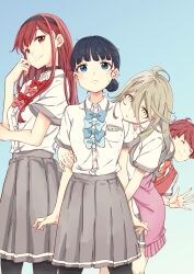 1boy 3girls ahoge basori_tiara black_hair black_hairband black_pantyhose blonde_hair blue_background blue_bow blue_bowtie blue_eyes blush bow bowtie cardigan cardigan_around_waist closed_eyes closed_mouth clothes_around_waist collared_shirt commentary_request frown gradient_background grey_skirt hair_between_eyes hair_bun hairband highres houkobaru_hibari hug hug_from_behind long_hair long_hair_between_eyes looking_at_viewer make_heroine_ga_oo_sugiru! mole mole_on_neck mono9ron multiple_girls necktie orange_necktie pantyhose pink_bow pink_bowtie pleated_skirt red_bow red_bowtie red_eyes red_hair red_sweater_vest sakurai_hiroto school_uniform shikiya_yumeko shirt short_hair short_sleeves skirt smile standing summer_uniform sweater_vest tsuwabuki_high_school_uniform waving white_shirt yellow_eyes