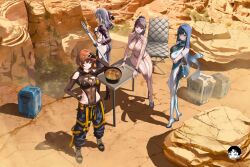 Rule 34 | 4girls, baggy pants, blue hair, blush, bodysuit, breasts, brown hair, chair, clothing cutout, covered navel, crossover, danny marx, day, eve (neurolink suit) (nikke), eve (stellar blade), food, from above, goddess of victory: nikke, grey hair, highleg, highres, holding, holding sword, holding weapon, impossible clothes, large breasts, latex, lily artemis ii (stellar blade), long hair, looking at viewer, multiple girls, one eye closed, pants, ponytail, raven (stellar blade), scarlet (nikke), scarlet (racer&#039;s high) (nikke), shadow, shoes, short hair, sideboob, sidelocks, smile, soup, stellar blade, sword, table, weapon