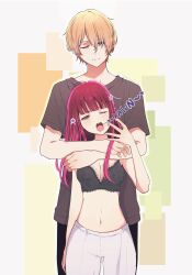 1boy 1girl alternate_hairstyle arima_kana black_bra blonde_hair blue_eyes bra breasts couple from_behind hetero highres hoshino_aquamarine hug hug_from_behind if_they_mated jewelry long_hair medium_breasts navel one_eye_closed open_mouth oshi_no_ko pants red_eyes red_hair ring risdelusions shirt short_hair simple_background stomach t-shirt thigh_gap underwear wedding_ring yawning