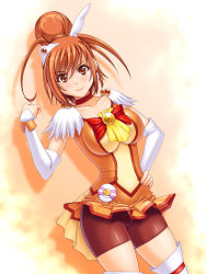 10s 1girl abu alternate_breast_size arm_warmers bike_shorts bike_shorts_under_skirt bow brooch choker cowboy_shot cure_sunny dutch_angle female_focus hair_bun hand_on_own_hip hino_akane_(smile_precure!) jewelry magical_girl matching_hair/eyes orange_eyes orange_hair orange_skirt orange_theme precure red_bow short_hair shorts shorts_under_skirt single_hair_bun skirt smile smile_precure! solo thighhighs white_thighhighs