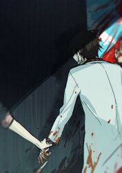 1boy aaniko black_hair black_sclera blood blood_on_clothes character_request colored_sclera cowboy_shot crying crying_with_eyes_open dropping from_behind gloves glowing glowing_eyes highres holding_another&#039;s_wrist kagerou_project kisaragi_shintarou knife lab_coat liquid_from_eyes long_sleeves male_focus parted_lips pointy_nose red_eyes shaded_face short_hair solo_focus teardrop tears white_gloves