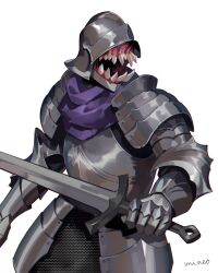 1other armor breastplate full_armor gauntlets helm helmet highres holding holding_weapon jiro_(ninetysix) knight open_mouth original pauldrons plate_armor sharp_teeth shoulder_armor solo sword teeth weapon