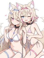 Rule 34 | 2girls, ;d, absurdres, animal ears, bikini, blonde hair, blue eyes, blue hair, breasts, commentary, dog ears, dog girl, dog tail, fuwawa abyssgard, highres, hololive, hololive english, large breasts, long hair, looking at viewer, mococo abyssgard, multicolored hair, multiple girls, navel, one eye closed, open mouth, pink eyes, pink hair, short hair, siblings, simple background, sisters, small breasts, smile, striped bikini, striped clothes, suoniko, swimsuit, tail, two-tone hair, virtual youtuber, white background, white bikini