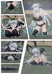 1girl absurdres animal_ears black_bow black_bra black_panties blue_eyes bow bra breasts closed_eyes don_tororo fake_animal_ears fate/grand_order fate_(series) hair_bow highres large_breasts long_hair morgan_le_fay_(fate) mud panties quicksand sinking solo stuck tar thighhighs underwear white_hair