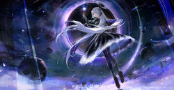 Rule 34 | 1girl, absurdres, black dress, black gloves, black halo, black hole, black pantyhose, black shoes, chinese commentary, circle skirt, circlet, colored inner hair, commentary request, constellation print, dress, elbow gloves, expressionless, feather hair ornament, feathers, floating clothes, floating hair, full body, gloves, grey eyes, gugu (mirukai), hair ornament, halo, highres, light particles, long hair, looking at viewer, looking back, multicolored hair, nikki (series), object floating above hand, pantyhose, parted lips, planet, pleated dress, shining nikki, shoes, short dress, short sleeves, solo, space, sparkle, star (sky), star beyond galaxy (shining nikki), very long hair, watermark, weibo watermark, white hair