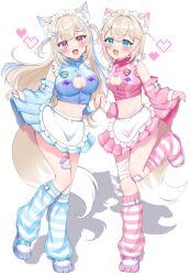 2girls alternate_costume animal_ear_fluff animal_ears bare_shoulders blonde_hair blue_eyes blue_hair blue_leg_warmers blue_skirt blue_vest blush breasts cleavage_cutout clothes_lift clothing_cutout cropped_vest dog_ears dog_girl dog_tail full_body fuwawa_abyssgard heart heonemo_0412 highres holding_hands hololive hololive_english interlocked_fingers large_breasts leg_warmers long_hair midriff miniskirt mococo_abyssgard multicolored_hair multiple_girls pink_eyes pink_hair pink_leg_warmers pink_skirt pink_vest short_hair siblings simple_background sisters skirt skirt_lift small_breasts standing standing_on_one_leg streaked_hair tail twins two-tone_hair two_side_up vest virtual_youtuber white_background