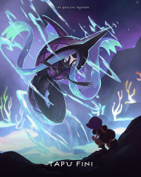 1girl black_footwear black_hair blurry bonnet boots character_name commentary copyright_name english_commentary gen_7_pokemon hapu_(pokemon) highres holding jumpsuit kelvin-trainerk kneeling legendary_pokemon long_hair night nintendo outdoors pokemon pokemon_(creature) pokemon_sm purple_headwear sky star_(sky) tapu_fini twintails twitter_username water