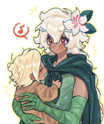 1boy 1girl blonde_hair blush braid brown_tunic cape carrying carrying_person closed_mouth cookie_run cookie_run:_kingdom dress elbow_gloves flower gloves green_cape green_dress green_gloves hair_flower hair_ornament hands_up highres leaf_hair_ornament long_hair musical_note pani_5750 pink_eyes pure_vanilla_cookie sleeveless sleeveless_dress smile speech_bubble spoken_musical_note tunic very_long_hair white_flower white_hair white_lily_cookie