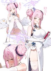 1girl absurdres bare_shoulders blue_archive blush breasts china_dress chinese_clothes dress halo highres large_breasts long_hair looking_at_viewer mika_(blue_archive) multiple_views open_mouth pink_hair sidelocks simao_(x_x36131422) smile translation_request white_dress yellow_eyes