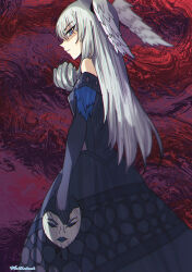 Rule 34 | 1girl, abstract background, absurdres, black dress, blue eyes, closed mouth, commentary, curly hair, dress, grey hair, head wings, highres, holding, holding mask, long dress, long hair, looking at viewer, looking back, marthabucks, mask, melia antiqua, partially shaded face, red background, solo, standing, unworn mask, wings, xenoblade chronicles (series), xenoblade chronicles 3