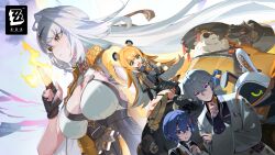 1other 2boys 3girls absurdres animal_ears bandana bandana_around_neck bangboo_(zenless_zone_zero) belle_(zenless_zone_zero) black_gloves blonde_hair blue_hair breasts brother_and_sister chinese_clothes cleavage closed_mouth crossed_bangs eous_(zenless_zone_zero) fingerless_gloves fire frown gloves green_eyes grey_hair hair_between_eyes highres ju_fufu key_visual large_breasts long_hair looking_down multiple_boys multiple_girls official_art open_mouth orange_bandana pan_yinhu panda promotional_art scarf short_hair siblings tiger_ears white_hair wise_(zenless_zone_zero) yellow_eyes yi_xuan_(zenless_zone_zero) zenless_zone_zero